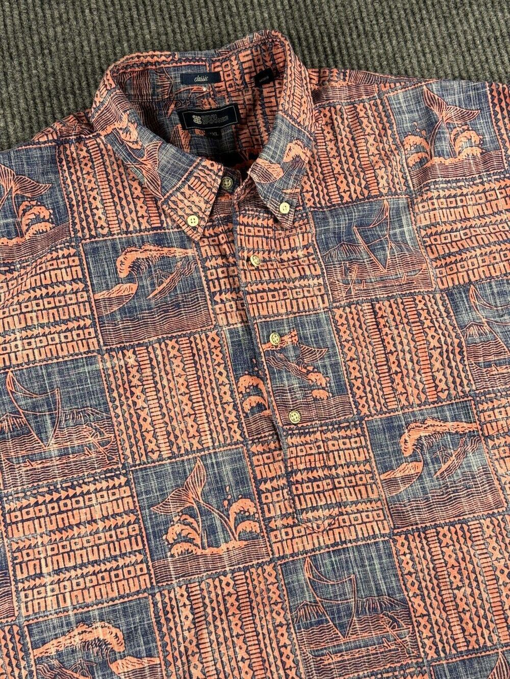 Reyn Spooner Classic 1/4 Button Down Pullover Mens 3XL Coral Navy Ocean Tribal